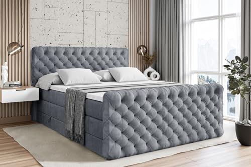 ALTDECOR Boxspringbett mit Matratze und Lattenrost, Topper, Fußteil,Polsterbett mit Bettkasten, Bett mit Stauraum H3- und H4- Matratze, Doppelbett, Springboxbett - BOXI8-Z King - 200x200 - Grau Samt