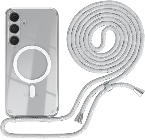 EAZY CASE - Handykette kompatibel mit Samsung Galaxy S24 Plus Kette zum Umhängen Stoßfest Handyhülle für Galaxy S24 Plus Silikon Hülle mit Band Handytasche Transparent als Fallschutz in Weiß/Silber