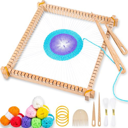 Wooden Weaving Loom Kit, 26x28cm Wooden Multi-Craft Weaving Loom Adjustable Hand-Knit Machine, Loom Set with Yarns,Rods,Combs and Shuttles, Suitable for Beginner & Kids