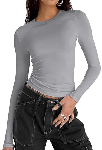 Zeagoo Women's Long Sleeve Tops Basic T-Shirts Y2K Shirt Slim Fit Shirts Casual Crop Top Crew Neck Tee Light Grey M