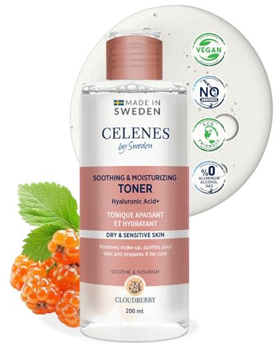 Celenes by Sweden Cloudberry Beruhigendes und Feuchtigkeitsspendendes Tonikum 200ml - Hydratisierend und Beruhigend für Trockene & Empfindliche Haut, Alkoholfrei mit Hyaluronsäure und Kamillenextrakt