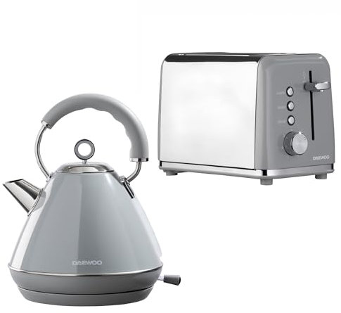 Daewoo Kensington Collection, Kettle And Toaster Set, 1.7 Litre Pyramid Kettle With Matching 2 Slice Toaster, Safety Features, Easy Cleaning, Cohesive Kitchen Set, Grey