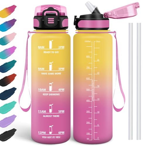 HoneyHolly Wasserflasche 1l, Auslaufsicher, Trinkflasche für Kohlensäurehaltige Getränke, Wasserflasche BPA-Frei, Trinkflasche mit Strohhalm, Trinkflasche Sport für Schule, Fahrrad, Fitness