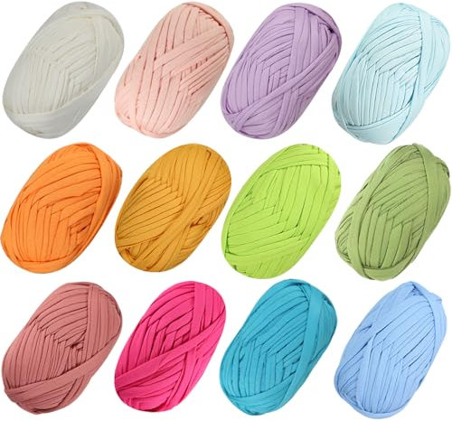 12PCS T-Shirt Garn Elastische Stoff für DIY Stricken und Häkeln, Spaghetti Dicke Strickgarn für Hand DIY Tasche, Decke, Kissen Projekte, Home Decor