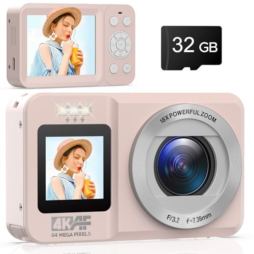Pink Digital Camera 4K Dual Screens Autofocus 64MP Compact Digital Cameras for Photography with 32GB Card 18X Digital Zoom Selfie Vlogging Camera for Kids Teens Beginners