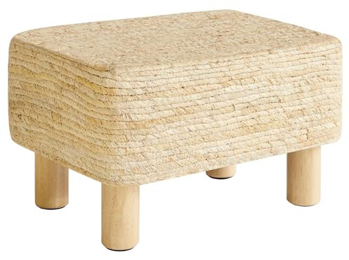 YMYNY Fußhocker Rechteckige Fußstütze Natur Seegras Fußhocker mit Holzbeinen Handweben Multifunktional Sitzkissen Ottomane Sofa Beistelltisch für Wohnzimmer Schlafzimmer 42×30×26CM Beige HBD043M