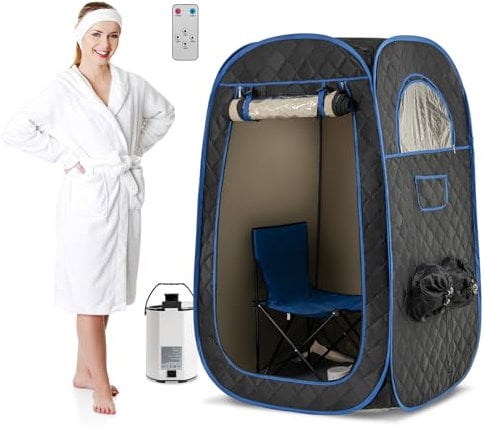 GOPLUS Tragbares Dampfsauna, Heimsauna für 1 oder 2 Personen mit 1000W 3L Dampfgenerator, Klappstuhl, Timer, Fernbedienung, Ganzkörper-Sauna, Persönliche Sauna-SPA zur Entspannung zu Hause (Schwarz)