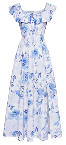 GRACE KARIN Abito Lungo Floreale da Donna, Stile Boho, con Spalle Scoperte, Elegante Abito Estivo per invitati a Nozze CL0213-01/viola Blu XL