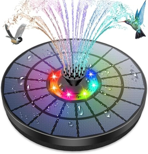 AMZtime Bunte LED 5,5W Outdoor Solar Springbrunnen für Außen, Solarpanel Durchmesser 21cm mit Akku, Outdoor Solarbrunnen für Draussen mit 7 Effekten Sprühmethoden, Solar Teichpumpe für Vogel Teich