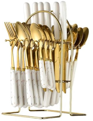 JISADER Ensemble de Couverts en Acier Inoxydable, Vaisselle avec Manche en céramique, Collection d'ustensiles Occidentaux pour la fête du Nouvel an Chinois, Or Blanc