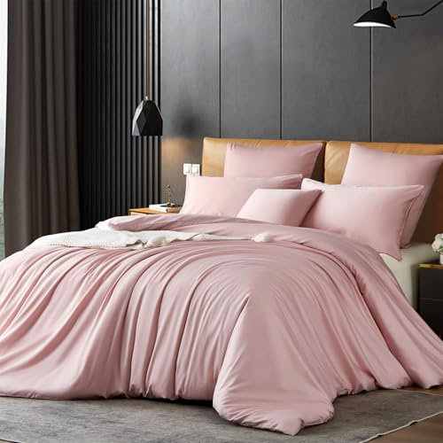 Gezu Housse de Couette en Satin de Coton Rose 240x260cm - 100% Coton Soyeux Brillant avec Fermeture Éclair et 2 Taies d'oreiller 65x65cm