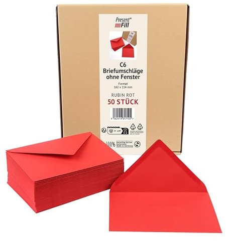 PresentFill® 50 x Briefumschläge Rubin Rot C6-162 x 114 mm ohne Fenster I 100% Recycling Kraftpapier I 120 g/m² stark I Blauer Engel zertifiziert I Made in Germany