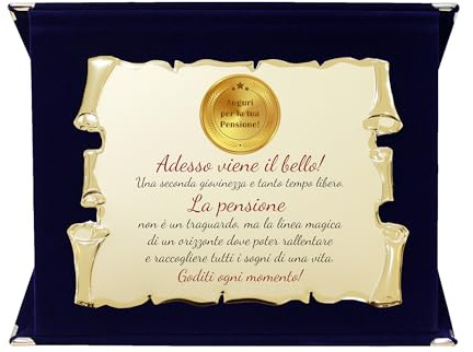 Placa de pensión | Placa regalo para jubilado | Felicitaciones por pensión Pergamino dorado con caja de terciopelo (azul, 20 x 15 cm)