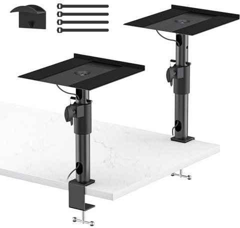 Clamp-on Desktop Speaker Stands Pair for LG, Sony, Vizio, Klipsch, Samsung, JBL Speaker Stand Desk - Adjustable Desk Speaker Stands for Most Satellite & Bookshelf Speaker Stands Wr Cable Management