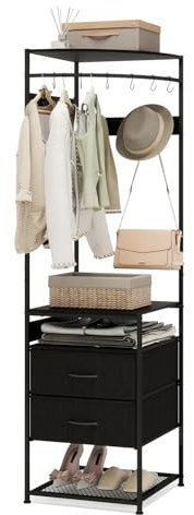 YOURLITE Coat Rack with Shoe Storage 6-Tier Coat Stand Freestanding Corner Coat Rack with 10 Hooks 2 Fabric Drawers and Wooden Storage Shelves for Hallway Entrance Closet Bedroom, Reversible Design