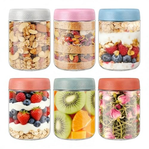 Holtrae 6 Stück Overnight Oats Gläser,500ML Einmachgläser,Meal Prep Gläser Mit Schraubdeckel Prep,Für Hausgemachte Marmelade,Chutney,Joghurt,Babynahrung,Einlegen,Pudding,Als Mason Jar Meal Prep Boxen