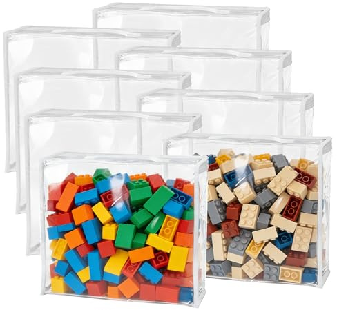QEEYON 8 Pack Large Toy Storage Bags, PVC Large Clear Storage Bags | 32x31x8cm Waterproof Toys Organiser Storage Zipper Organizing Bags for Building Blocks, Puzzle, Clay, Book, Plush Toys