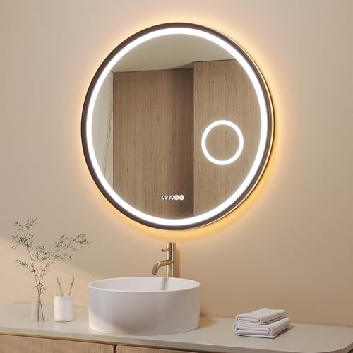 AQUABATOS Badspiegel mit Vergrößerung und Beleuchtung Rund 80 cm Aluminium Rahmen Schrägdesign schwarz matt direkter und indirekter LED-Beleuchtung Uhr Spiegelheizung Touch dimmbar für Wandschalter