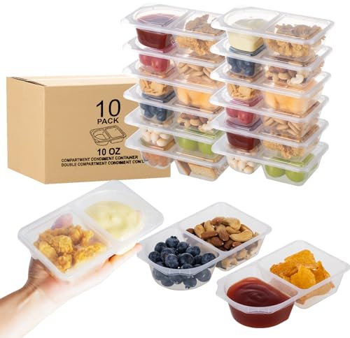 TAIHUIMY 9oz Reusable Snack Containers with Lids for Kid, New 3 Compartment Large Capacity Condiment Portion Control Meal Prep Containers for School lunch, Go out Travel, Party (10 oz (10pcs))
