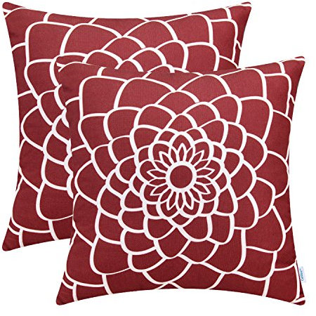 CaliTime Soft Canvas Kissenbezüge Kissenhülle 2er Pack 50cm x 50cm Dunkelrote Dahlie mit Blumenmuster Beide Seiten drucken Dekokissen