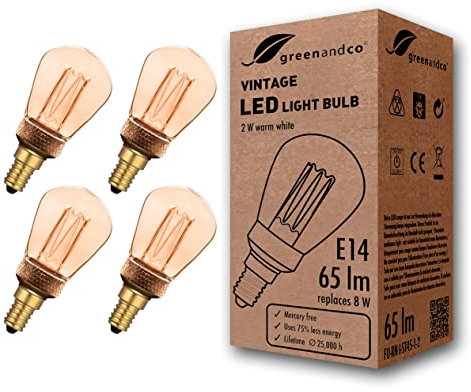 greenandco 4x Vintage Design LED Birne zur Stimmungsbeleuchtung | E14 ST45 | gold | 2W 65lm | 1800K extra warmweiß | 320° | 230V | flimmerfrei | nicht dimmbar | Edison Glühbirne