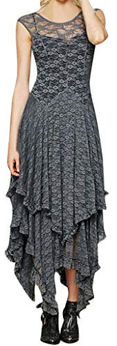 Lazzboy Kostüm Frauen Unregelmäßige Spitze Layered Rüschenbesatz Kleid Mittelalter Mit Trompetenärmel Party Retro Renaissance Cosplay Damen(Grau,XL)