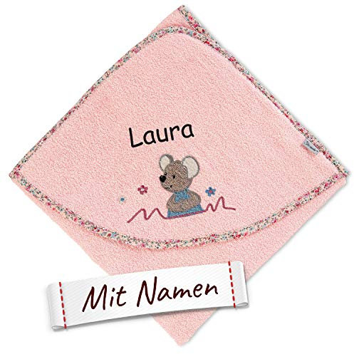 Sterntaler Maus Mabel Kapuzenhandtuch mit Namen bestickt für Baby & Kinder, Badetuch Badehandtuch/Kinder-Badetuch mit Kapuze personalisiert, Mädchen 80x80 cm, Maus Mabel Zartrosa