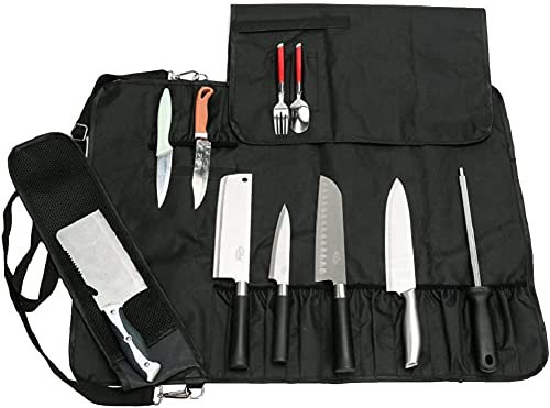 JURONG Chefs Knife Roll Bag with 17 Compartments, Holding Knives, Spoons and Forks, Waterproof Knife Storage Case, Kitchen Tool Roll Storage Bag (Black)