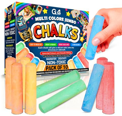 G4GADGET 10 Jumbo Chalks for Kids – Giant Chunky Outdoor Pavement Chalk – Washable Colourful Playground Sidewalk Chalks – Garden Summer Toys for Children Aged 3+