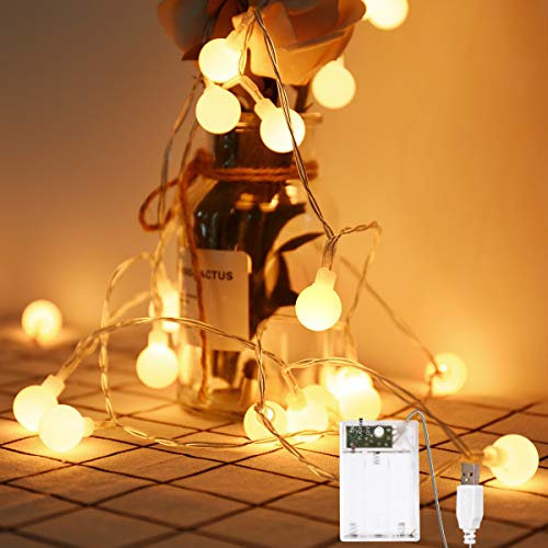 Fulighture LED Kugel Lichterkette,5M(16.41FT) 40er Globe LED mit Batteriebetrieben und USB-Port Stromversorgung,2700K Warmweiß,IP65 Wasserdicht,Lichterkette für Garten Hochzeit Balkon Deko