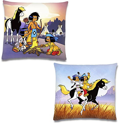 BERONAGE Yakari Kissen Lagerfeuer Blau/Orange 40 cm x 40 cm Kleiner Donner Regenbogen Kleiner Dachs Großer Adler Reisekissen Dekokissen Zierkissen Kopfkissen Polster Kuschelkissen zur Bettwäsche