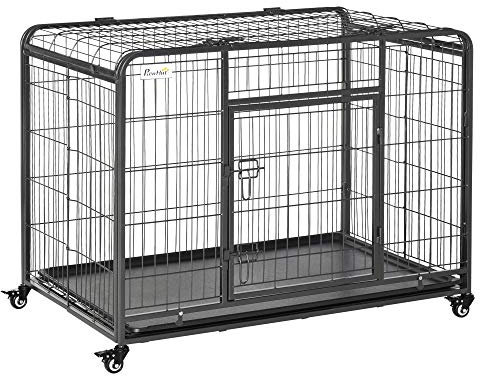 PawHut Jaula para Perros Plegable de Metal Jaula para Perros Grandes 109,5x71x78 cm con Ruedas y Frenos Bandeja Extraíble y Puerta con Pestillos para Golden Retriver Labrador Gris Oscuro