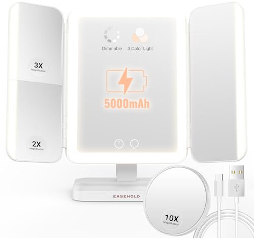 EASEHOLD Makeup Vanity Mirror with 116 Led Lights & 2X 3X 10X Magnification – 5000mAh Rechargeable, Adjustable 3 Colour Lighting Modes, 180° & 90° Rotation Mirror with Light for Countertop, Travel