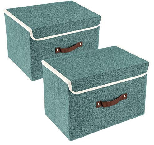 TYEERS Collapsible Storage Box with Lid, Fabric Storage Box for Clothes, Wardrobe Storage, 38x25x25 cm, Set of 2, Aqua Deep