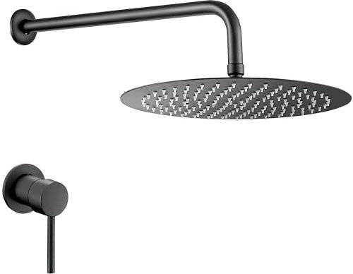VALAZ Douche Encastrable | Mitigeur Douche 1 Voie, Brumisateur Effet Pluie | Installation Murale Facile et Rapide | Inoxydable, Élégante, Ronde, Pulvérisateur 20 cm, Noir Mat, Série Guadiana