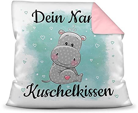 PR Print Royal Kissen mit Füllung für Kinder - Tiermotiv Nilpferd - für Mädchen und Jungs - mit Wunschname beschriften - Nilpferd - Farbkissen Rückseite Rosa, 40 x 40 cm