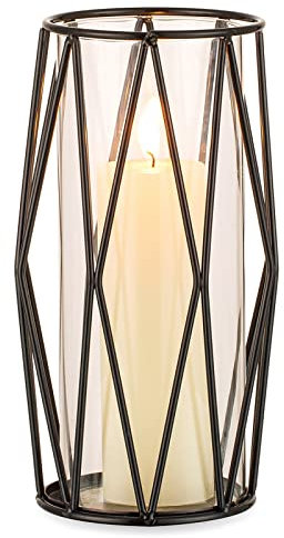 Nuptio Schwarze Kerzenhalter für Stumpenkerzen Geometrische Kerzenständer mit Hurrikan Zylinderglas für Hochzeits Geburtstags Party-Mittelstücke - Blumenvase Hurrikan Vasen für Büro Wohnzimmer