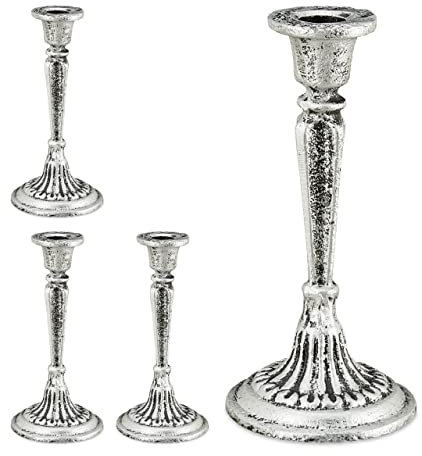 4 x Kerzenständer einarmig, für Tafel- & Stabkerzen, Kerzenleuchter Vintage, Kerzenhalter Gusseisen, HxD 19x9 cm, Silber