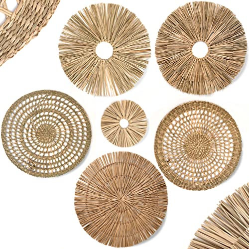 cosyLabels Boho-Korb, Wanddekoration, 6er-Set, Premium-Gewebtes Seegras, Boho-Weihnachtsdekoration, Geschenk, 20.3 cm,40.6 cm, Weidenkörbe, Wanddekoration für Wohnzimmer, flache Wandkörbe, Boho-Dekor
