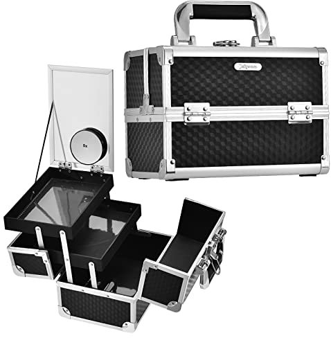 Vanity Case Makeup Box with Mirror Travel Organiser Beauty Box Portable Cosmetic Train Box Make Up Storage Case Lockable with Keys for Girls Women (Black)