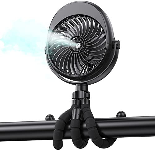 GRANDFAST Misting Fan for Baby Stroller, Battery Operated Clip On Fan with Flexible Tripods - Rechargeable Portable Mist Fan for Baby Car Seat Crib Treadmill Bike (Black)