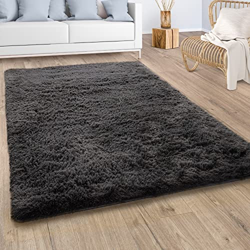 Paco Home Hochflor Teppich Wohnzimmer Schlafzimmer Shaggy Modern Fellteppich Flauschig rutschfest Fell Imitat Kunstfell Grau Anthrazit, Grösse:80x150 cm
