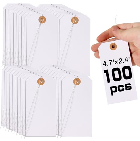 wexpw 100 Stück große Papieranhänger mit Drahtschnur, 11.4x7.5 cm, verdrahtete Versandanhänger, große Anhänger mit Metallschnur und verstärktem Loch, weiß