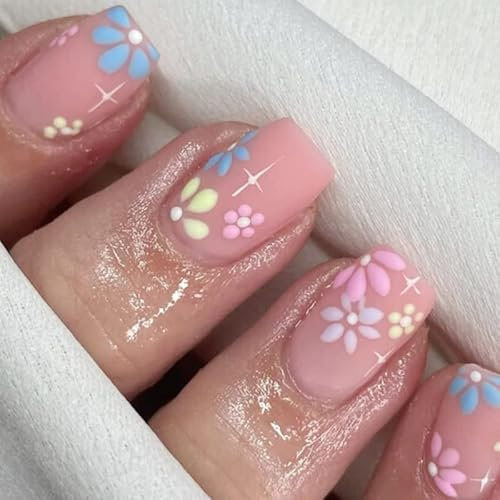 Brishow Square False Nails - Pink Short Flower Press on Ballerina Acrylic Stick on Nails - 24pcs for Women and Girls