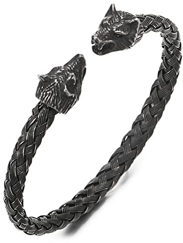 COOLSTEELANDBEYOND Herren Wolfskopf Armband Edelstahl Geflochtene Stahlkabel Armreif Rauhe Oberfläche, Verstellbare
