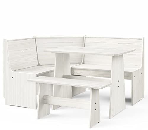 Hommdiy 3-TLG. Eckbank Eckbankgruppe für Esszimmer Küchegruppe Reine Weiß Massivholz Kiefer