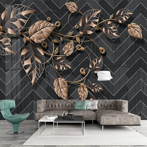 KOMEDO 3D Foto Braune Blätter Streifen Schwarz Wandbild Schlafzimmer Wohnzimmer TV Hintergrund Wandmalerei Vlies Relief Tapete -400x280cm