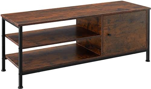 tectake® TV-Regal mit 2 offenen Fächern, Lowboard im Industrie-Design, Fernsehtisch mit Staufach mit Tür, 110 x 40 x 45,5 cm, Holz, schwarzes Metallgestell (Industrial Dunkelbraun)