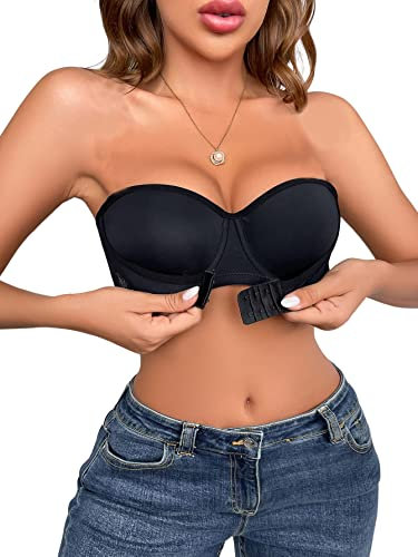 Floerns Women's Unpadded Front Closure Half Cup Push Up Strapless Bra, Black, L