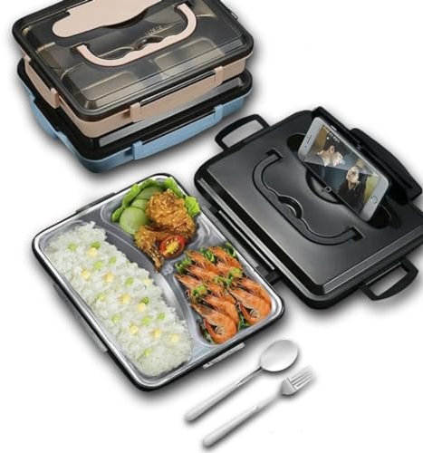 WILIVING Lunchbox | Bento Box mit Handyhalterung & Besteckset | Mikrowellengeeignet | Spülmaschinenfest | Auslaufsicher 1400ml | Brotdose mit Fächern